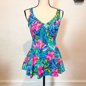 Vintage 1980s E. Stewart Women's 16 Colorful Floral Skirted One Piece Swimsuit